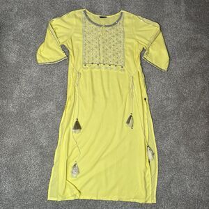 Aurelia Kurta Tunic Women L/XL SunshineYellow Silver Beaded Embroidery Tassel